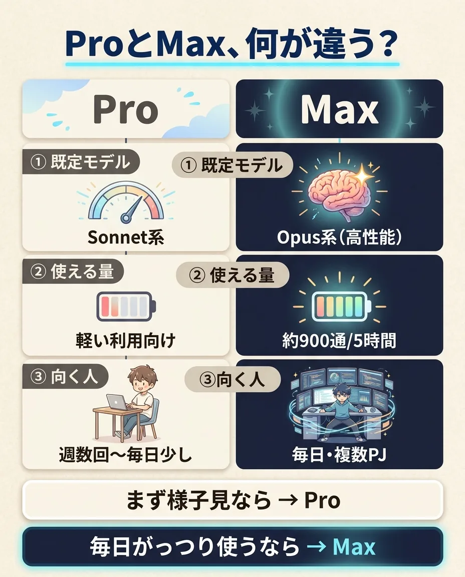 Claude CodeのProとMaxを既定モデル・使える量・向く人の3軸で比較した対比図解