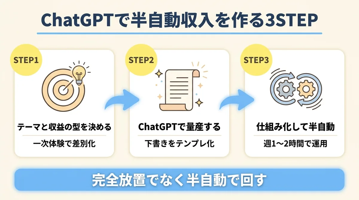 ChatGPTでほったらかし副業を作る3ステップのフロー図：テーマと収益の型を決める・ChatGPTで量産する・仕組み化して半自動