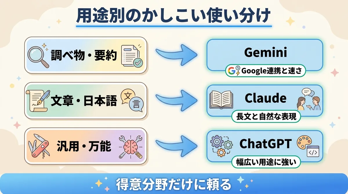 用途別の使い分け(調べ物はGemini・文章はClaude・汎用はChatGPT)を示した図解