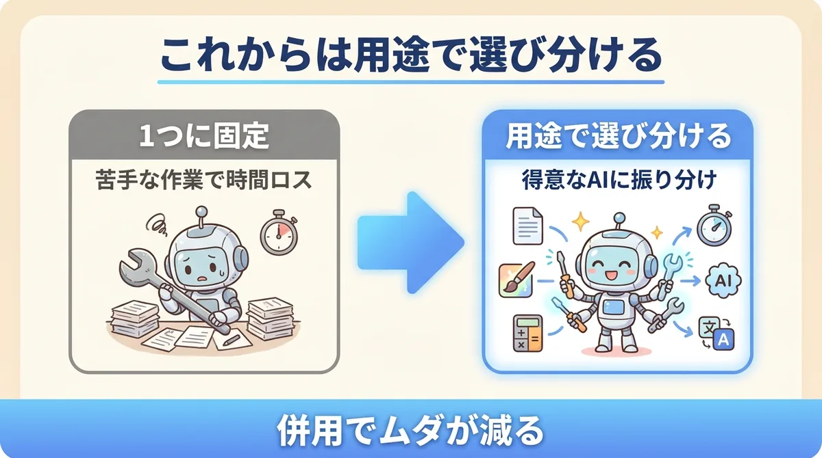 1つのAIに固定するより用途で選び分けて併用する方が得だと示した図解