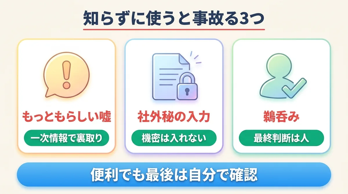 生成AIを使うときの3つの注意点(もっともらしい嘘・社外秘の入力・鵜呑み)と対策を示した図解