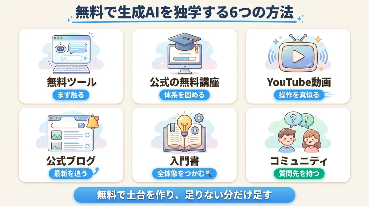 生成AIを無料で独学する6つの方法(無料ツール・公式講座・YouTube動画・公式ブログ・入門書・コミュニティ)の役割と使い分けを示した図解
