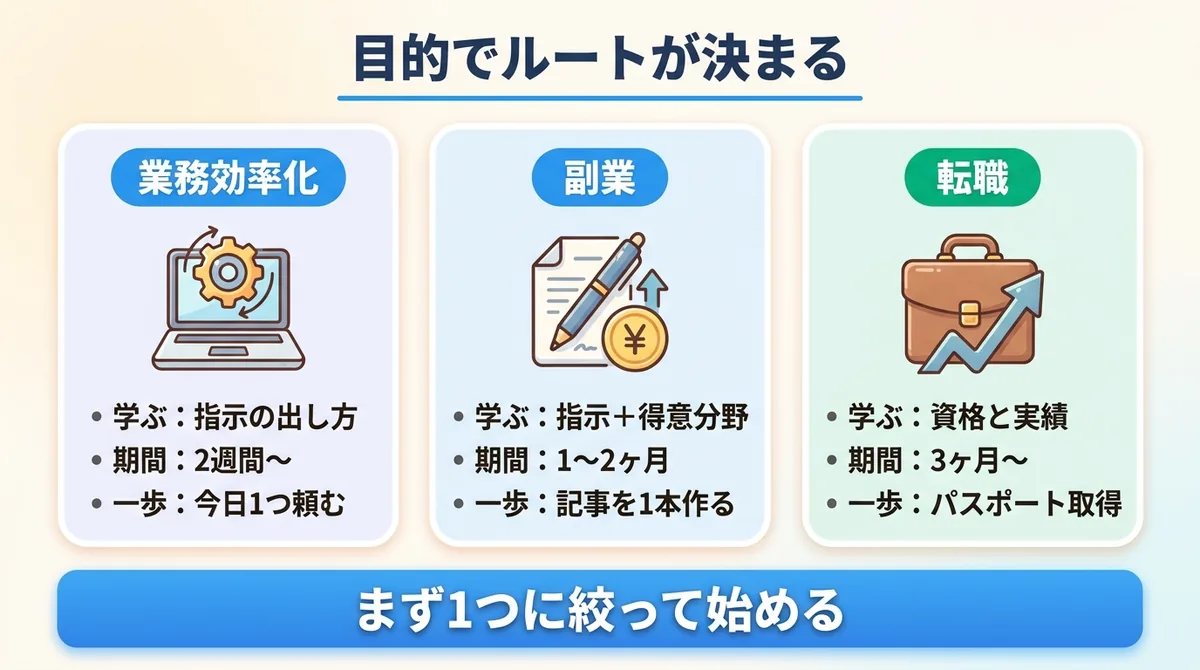 生成AIの独学を目的別(業務効率化・副業・転職)に分け、まず学ぶこと・期間・最初の一歩を示したルート図解
