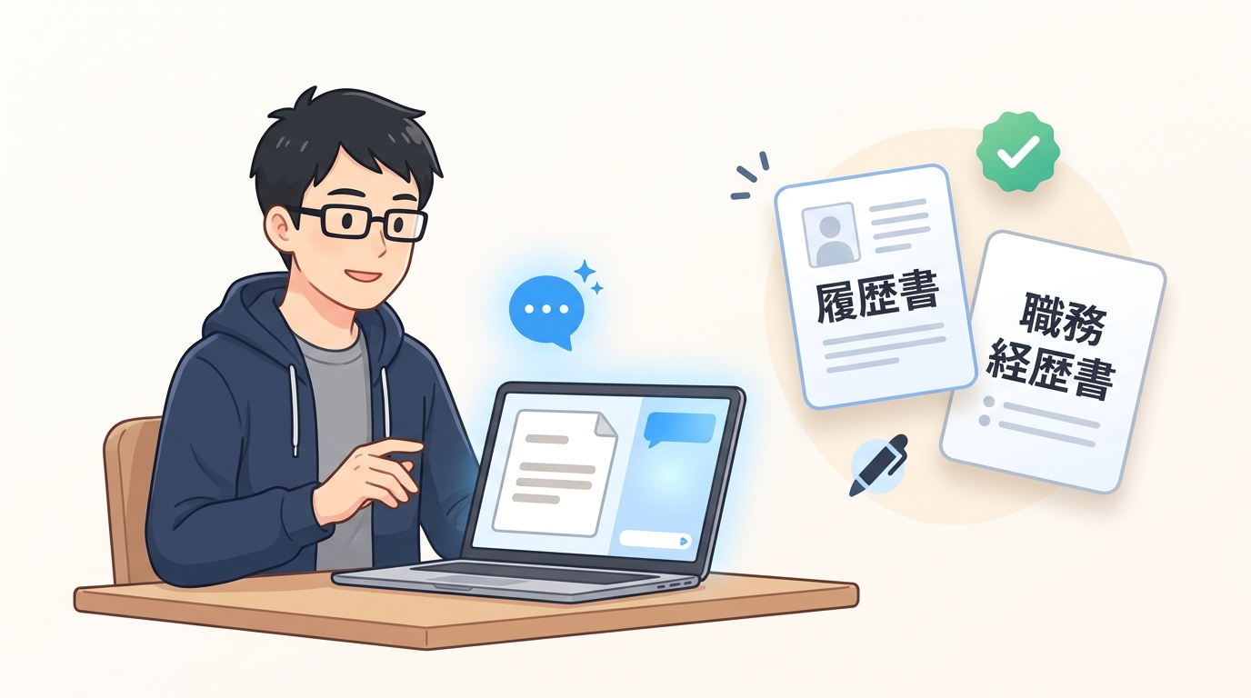 ChatGPTを使って履歴書と職務経歴書を作成するイメージを描いたイラスト