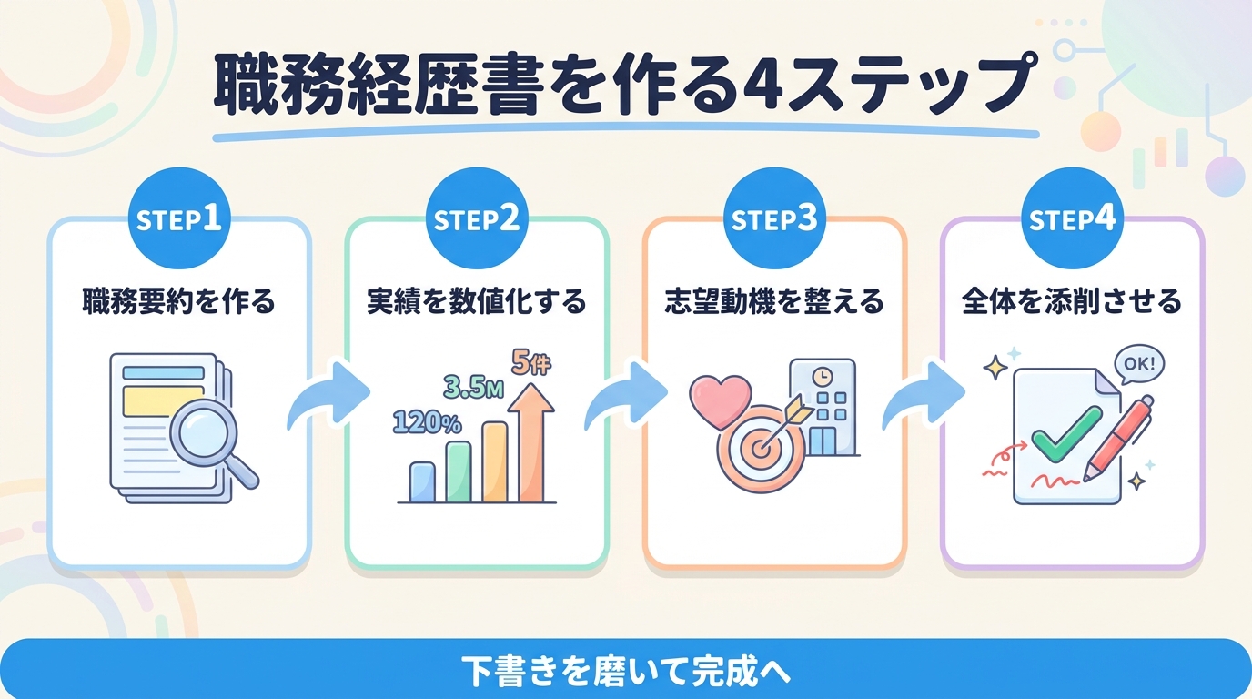 職務経歴書をChatGPTで作る流れを職務要約・実績の数値化・志望動機・全体添削の4ステップで示した手順図