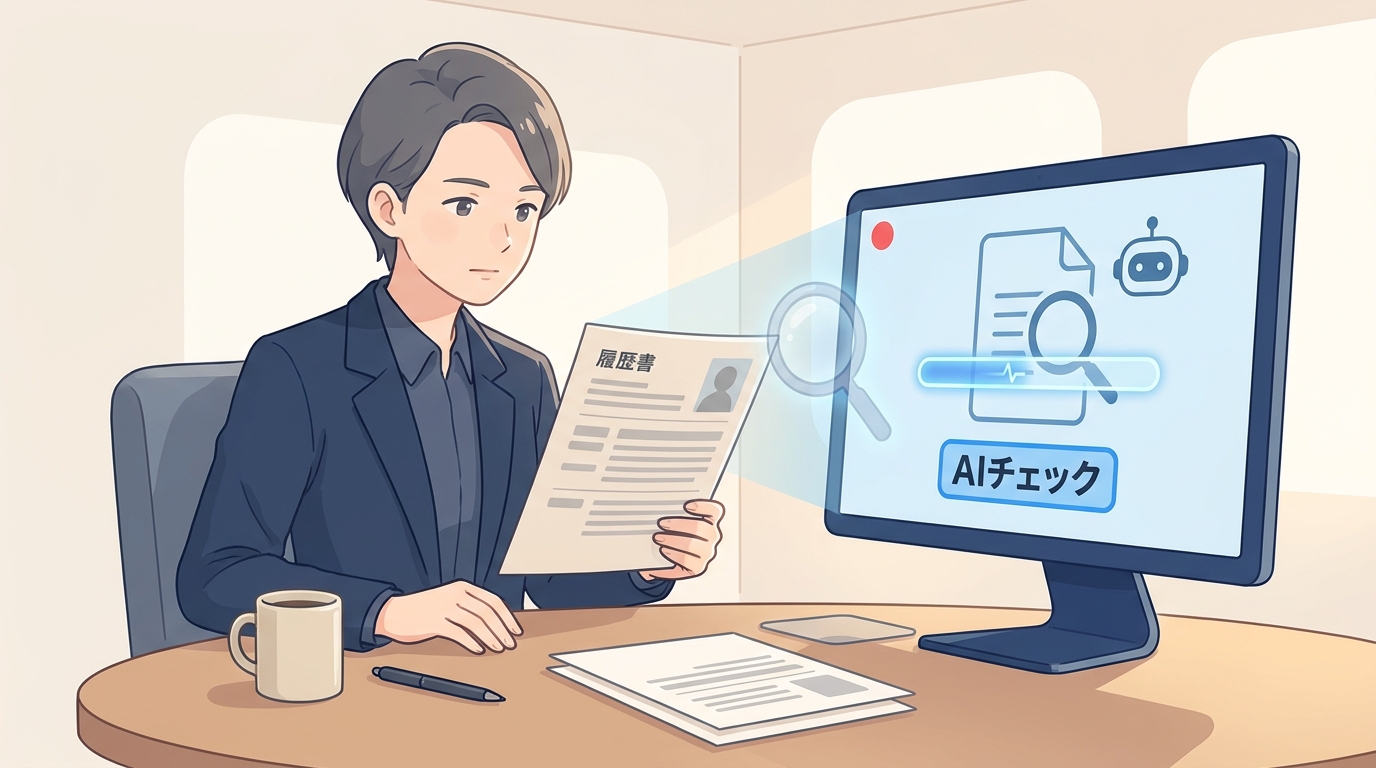 採用担当者がデスクで履歴書を確認し、モニターにAIチェックの画面が映るビジネスシーンのイラスト