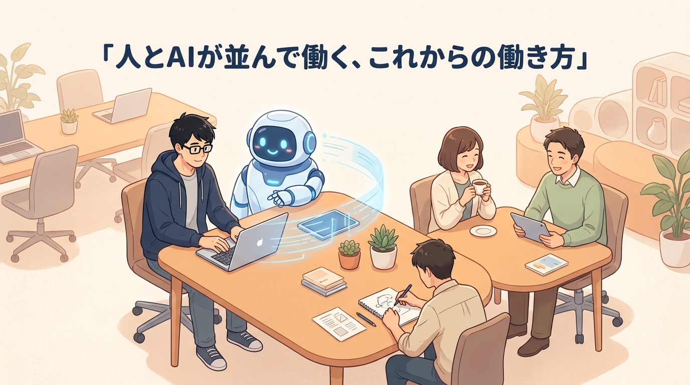 AIロボットと会社員が同じオフィスで並んで働く俯瞰図。AI時代は仕事が消えるのではなく役割が変わることを表したイラスト