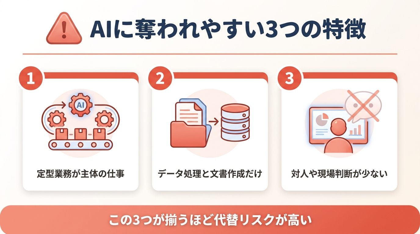 AIに奪われやすい仕事の3つの特徴。定型業務が主体・データ処理と文書作成だけ・対人や現場判断が少ない、を示したインフォグラフィック