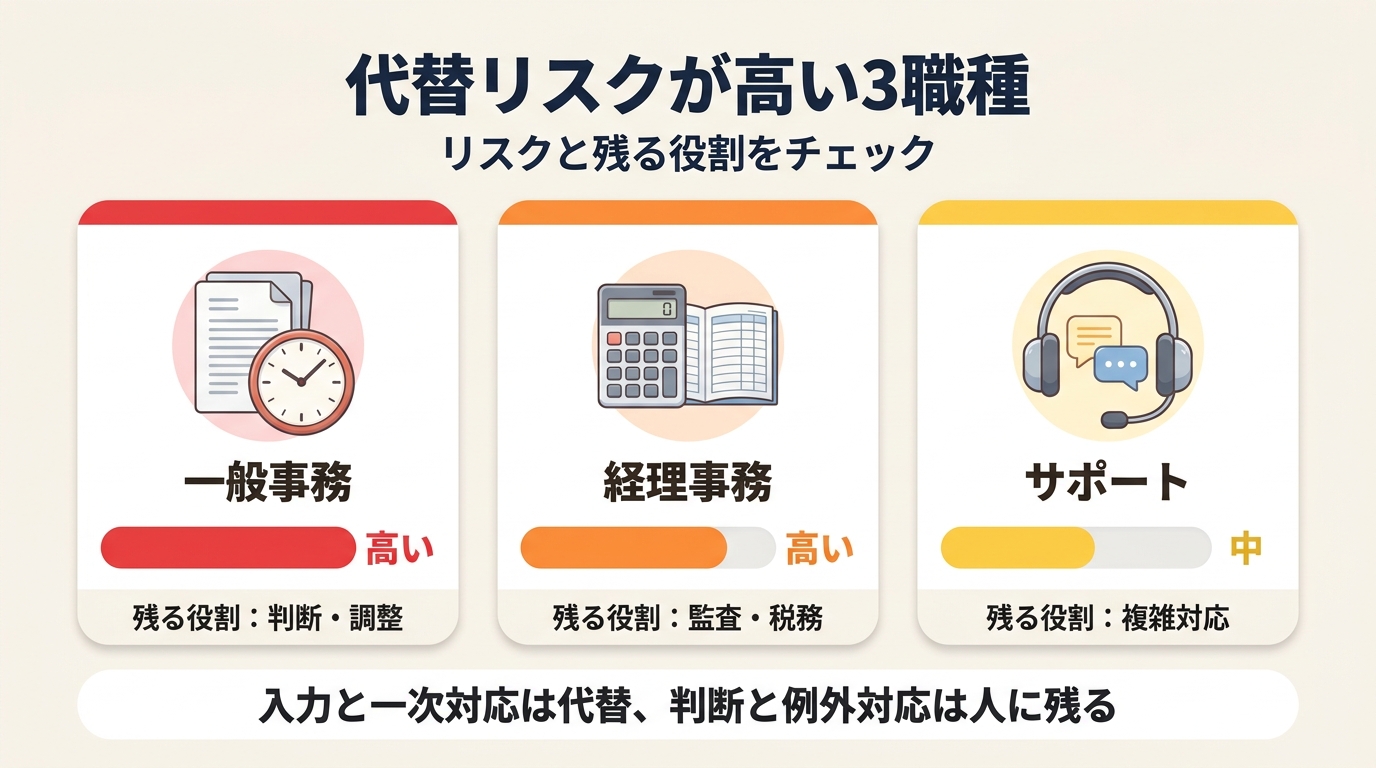 代替リスクが高い3職種のインフォグラフィック。一般事務は高い、経理事務は高い、サポートは中のリスクと、それぞれに残る役割を赤オレンジ黄で表現