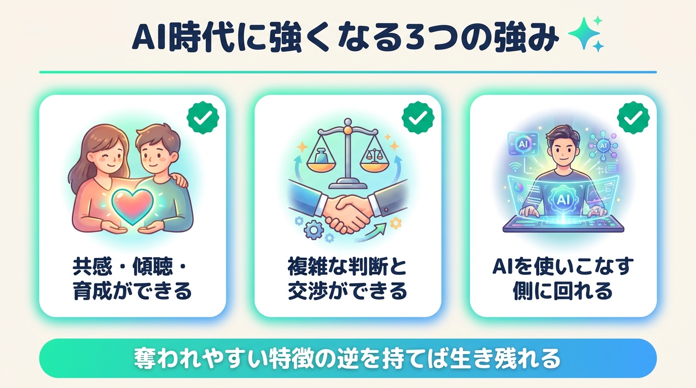 AI時代に生き残る3つの強みのインフォグラフィック。共感・傾聴・育成ができる、複雑な判断と交渉ができる、AIを使いこなす側に回れる、を青緑系で表現