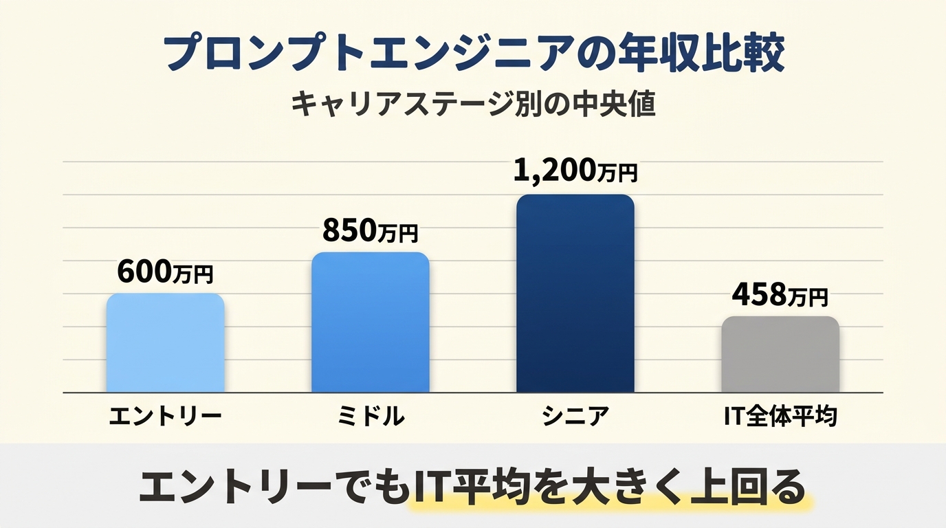 プロンプトエンジニアの年収をキャリアステージ別に比較した棒グラフ。エントリー600万円、ミドル850万円、シニア1,200万円、IT全体平均458万円