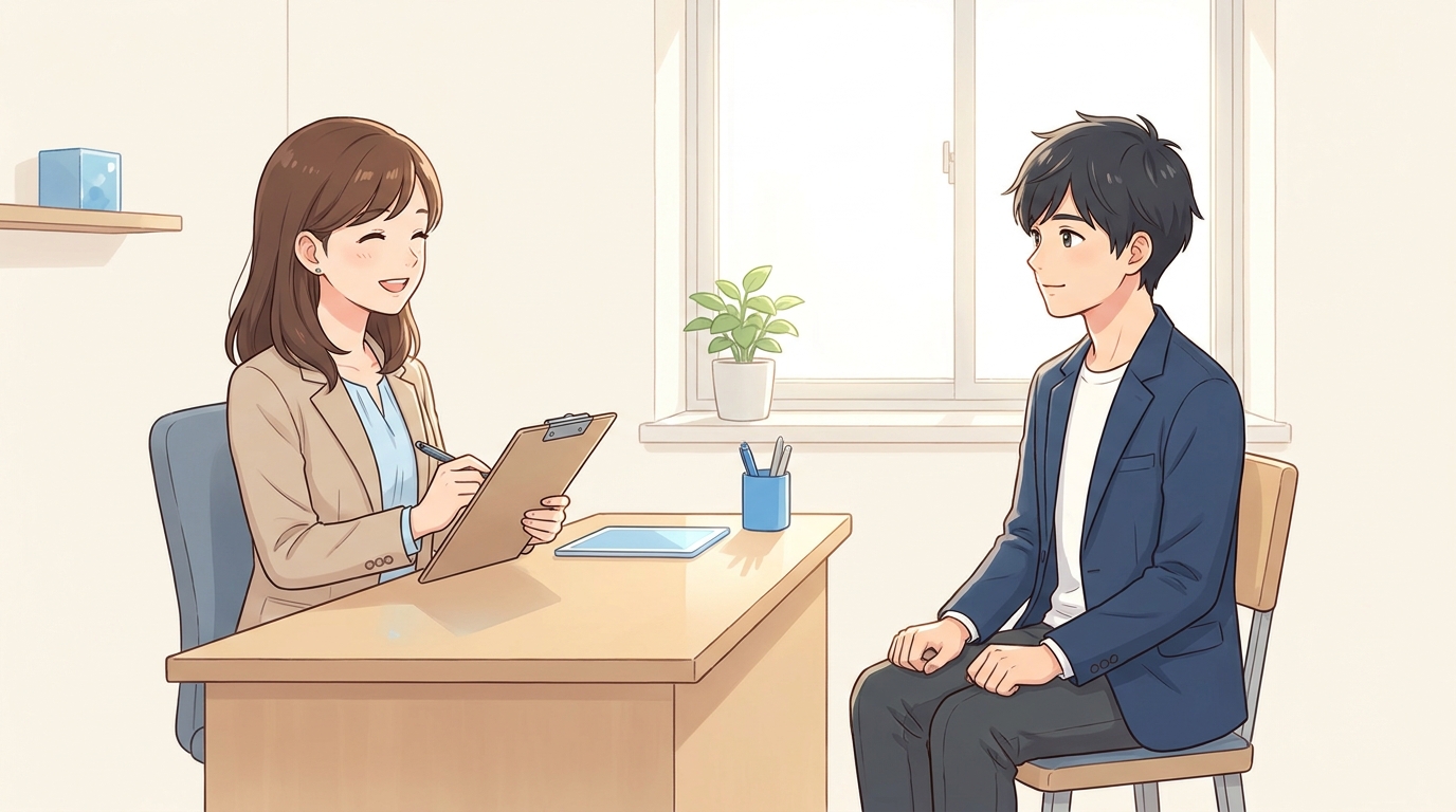 面接官と応募者が向き合って落ち着いて対話するAI転職面接のイラスト