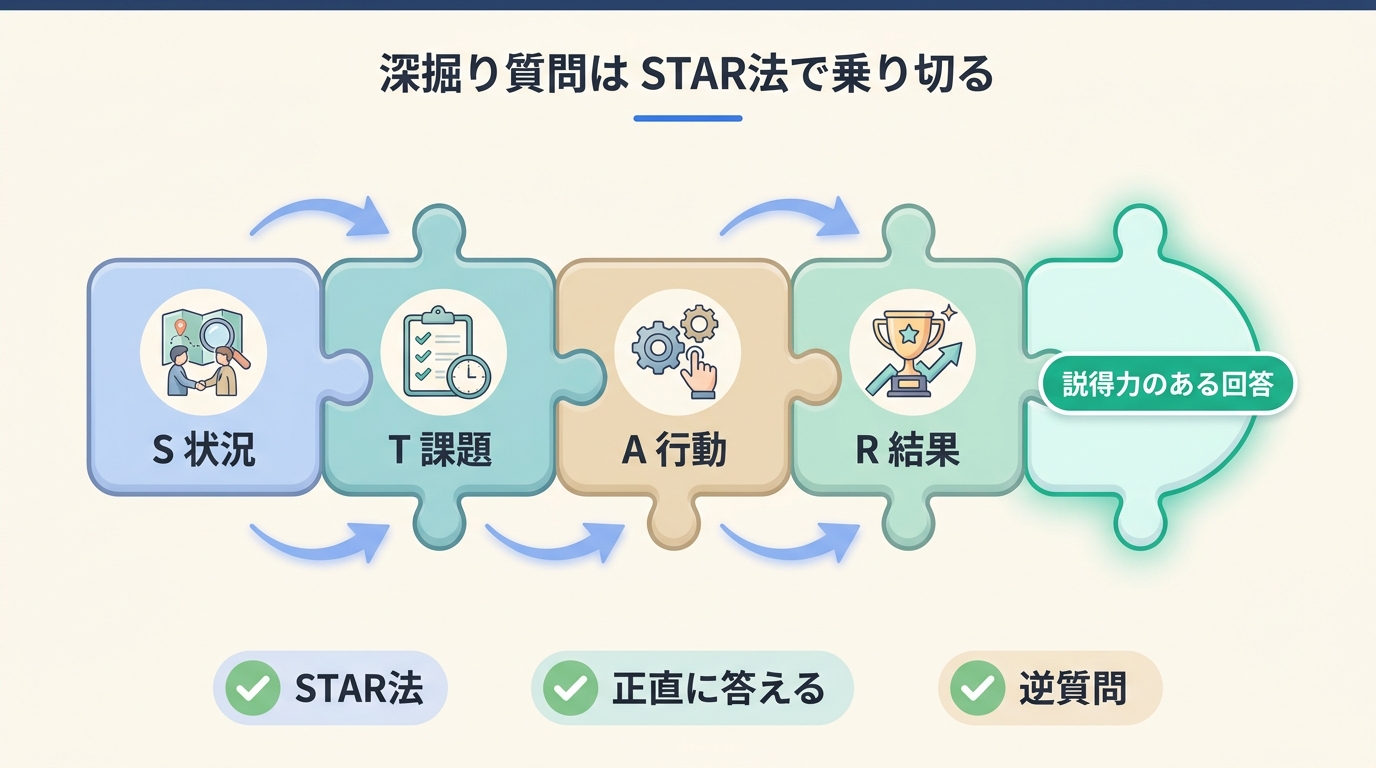 深掘り質問をSTAR法のパズルで組み立てて論理的に答える対処法を示した図解