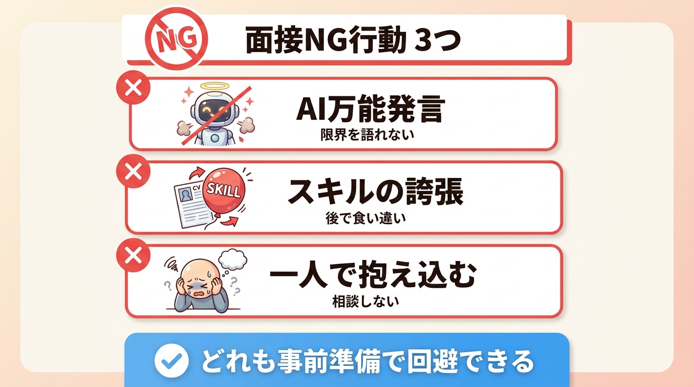 AI万能発言・スキルの誇張・一人で抱え込みという面接NG行動3つを赤と白の警告デザインで示した図解