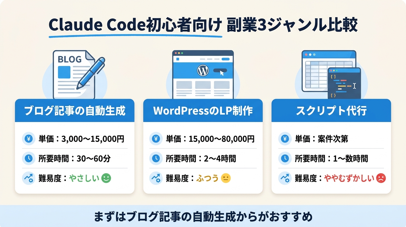 Claude Code初心者向け副業3ジャンルの単価・所要時間・難易度を比較した図解