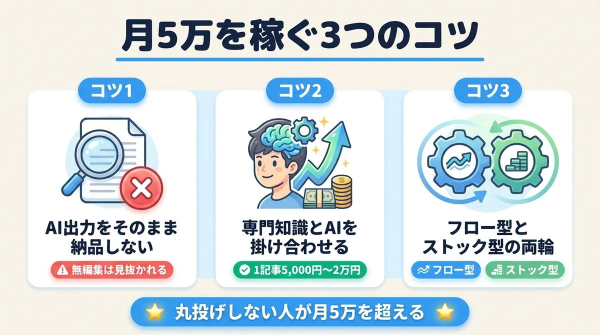 AIライティングで月5万円を稼ぐための3つのコツ、AI出力をそのまま納品しない、専門知識とAIを掛け合わせる、フロー型とストック型の両輪を並べた対比図解