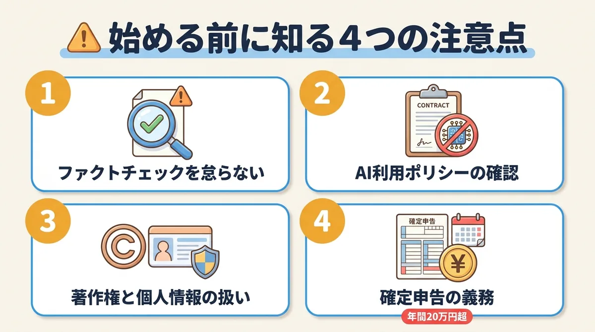 AIライティング副業を始める前に確認すべき4つの注意点、ファクトチェックを怠らない、AI利用ポリシーの確認、著作権と個人情報の扱い、確定申告の義務を整理した番号付き図解