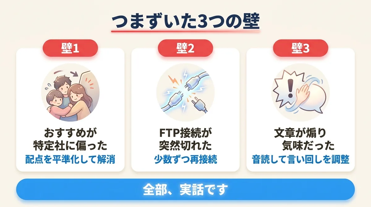 配点の偏り・FTP接続切れ・文章の煽りという公開までの3つのつまずきを整理した図解
