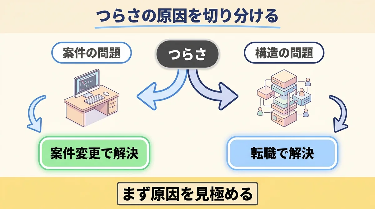 SESのつらさを案件の問題と構造の問題に切り分け、それぞれの解決策を示した分岐図解