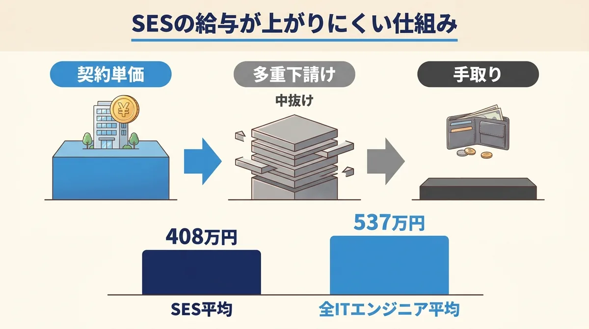 SESの契約単価が多重下請けで中抜けされ手取りが目減りする給与構造を表した図解