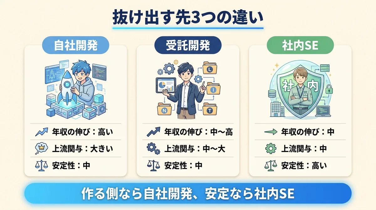 自社開発・受託開発・社内SEの年収の伸び・上流関与・安定性を3軸で比較した対比図解