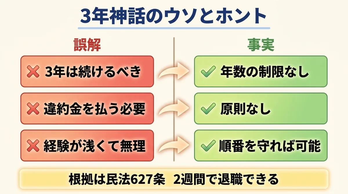SES退職のよくある誤解3つと、民法627条など法的な事実を対比した図解